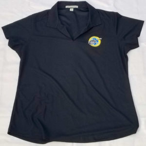 ladies black polyester v-neck golf shirt with embroidered KCBS logo