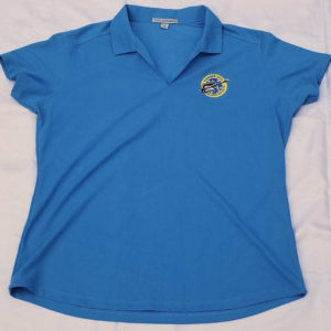 women's blue polyester golf shirt with KCBS logo