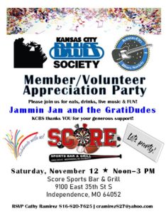 Membership/Volunteer Appreciation Party on Saturday, November 12, 2022, at Score Sports Bar and Grill