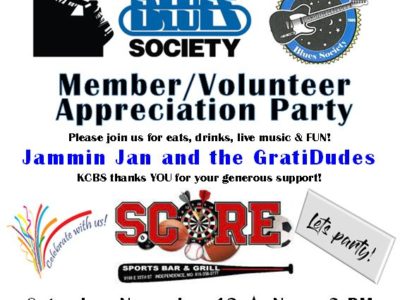 Membership/Volunteer Appreciation Party on Saturday, November 12, 2022, at Score Sports Bar and Grill