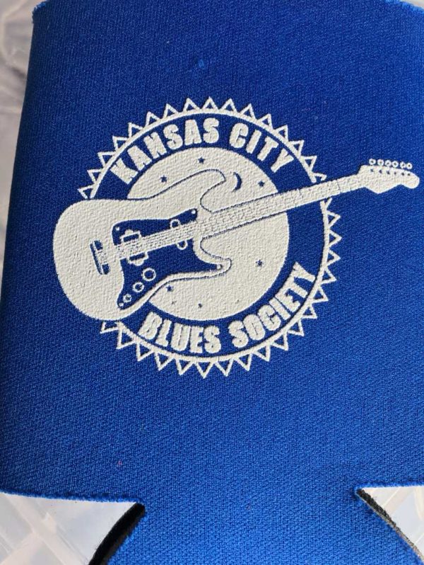 blue Koozie with Kansas City Blues Society guitar logo in white