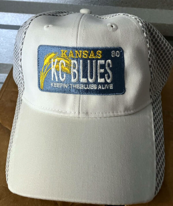 Kansas license plate, keeping the blues alive, on a white hat